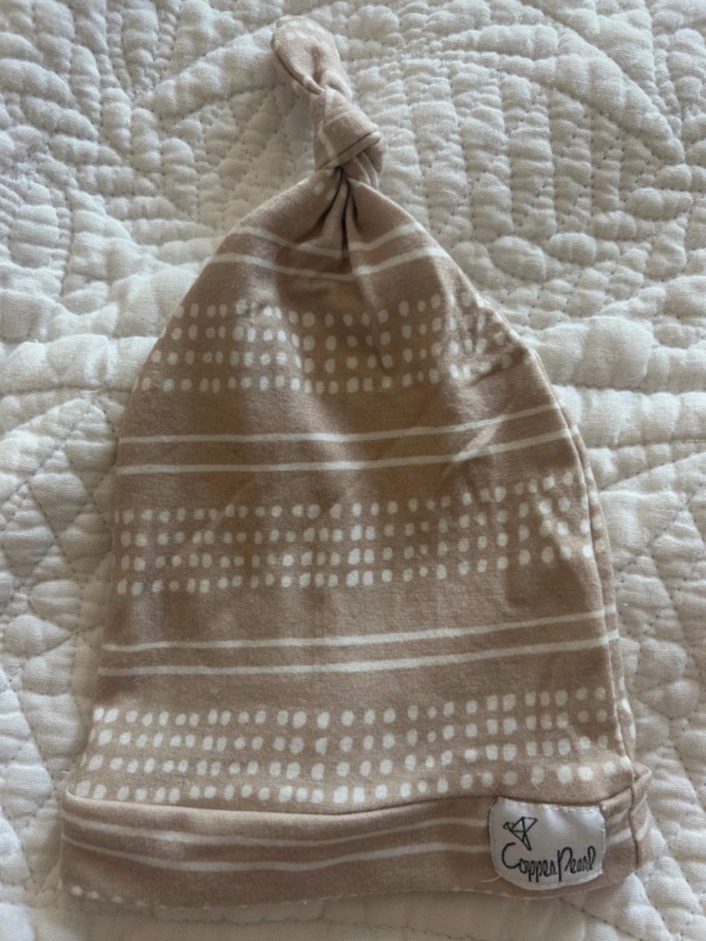 Copper Pearl Tan Dot Stripe Knot Baby Hat